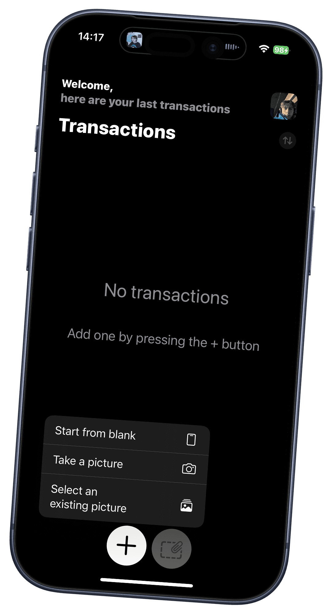 GoodFriends app showing how to create a new transaction in dark mode