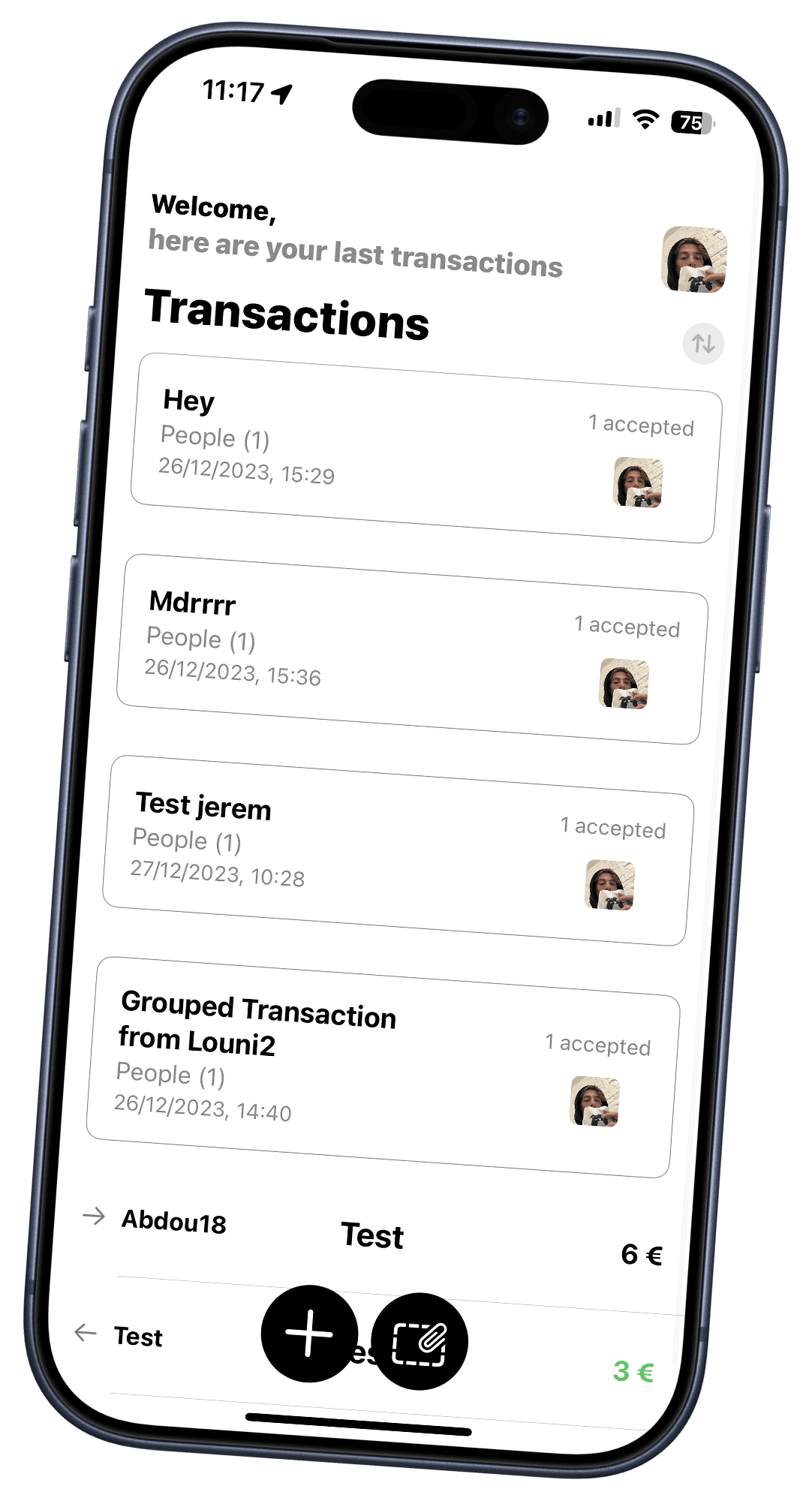 GoodFriends app showing the list of transactions in light mode